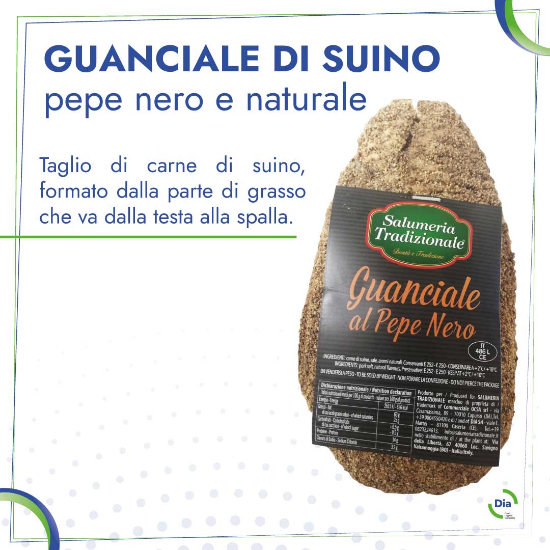 Guanciale al pepe nero e naturale di Salumeria Tradizionale e Prosciuttificio Montevecchio