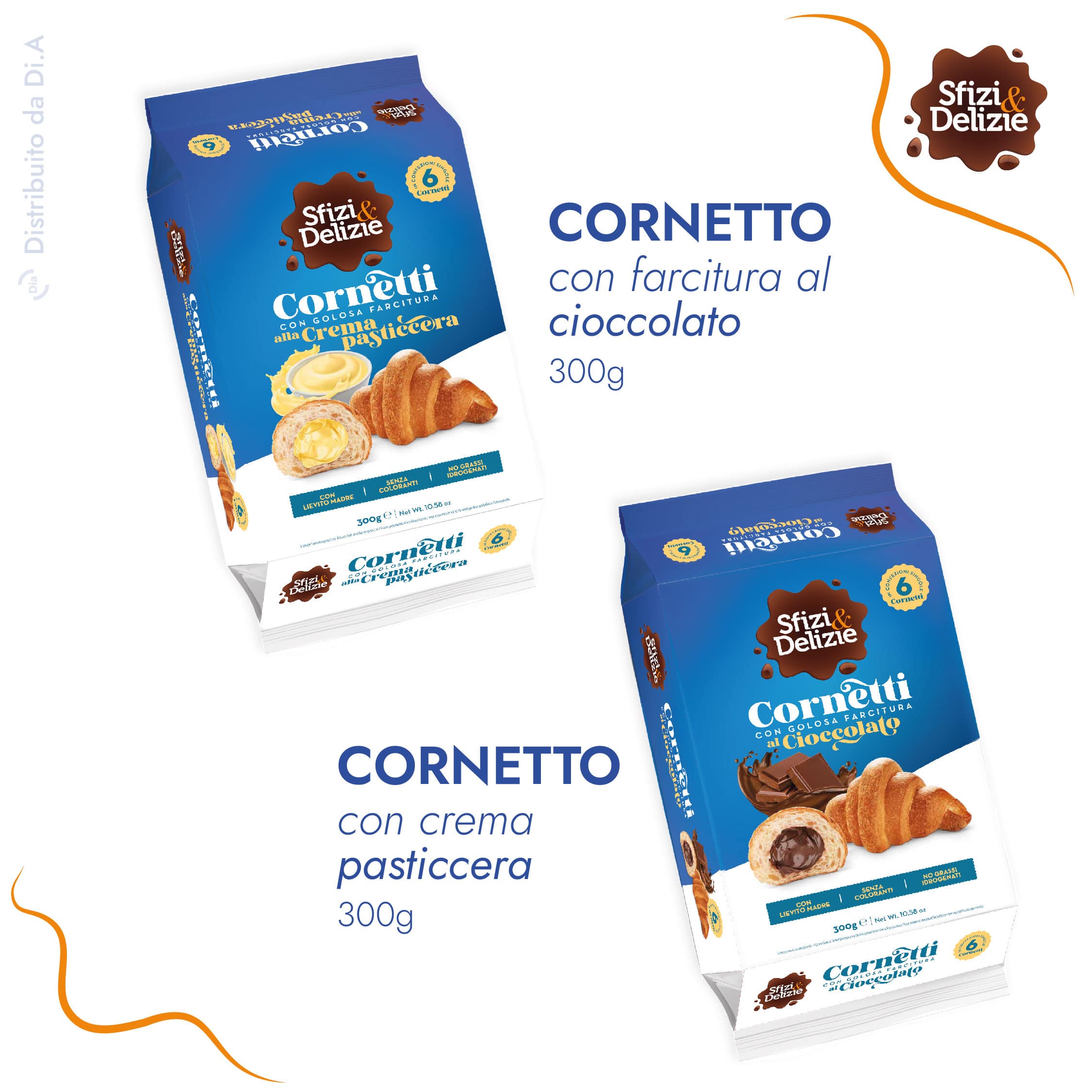 Cornetti croissant con farcitura al cioccolato e con crema pasticcera - Sfizi & Delizie distribuito da Dia Srl